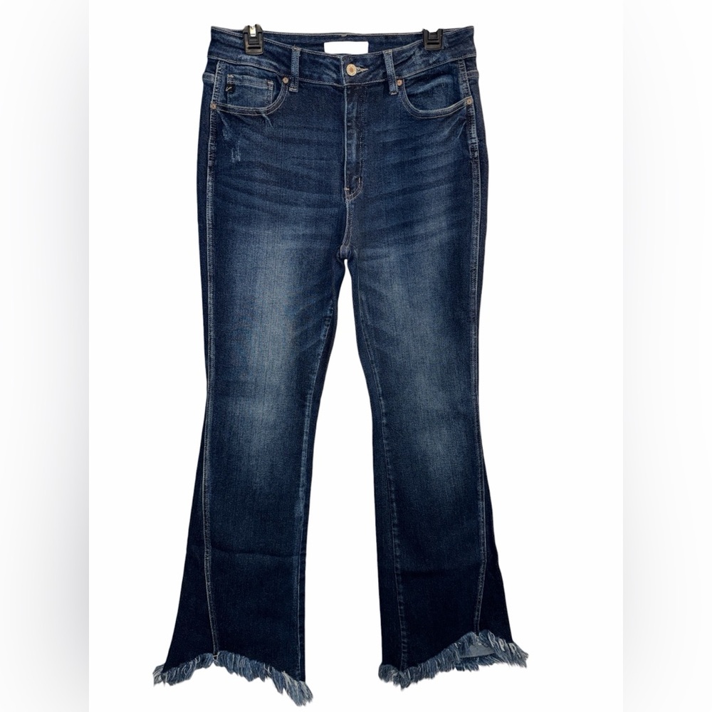 KanCan High Rise Dark Blue Wash Flare Jeans With Sharkbite Hem, Size 13/30, NWOT